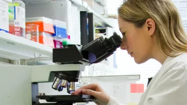 Scientist examining a sample through a microscope in a lab.