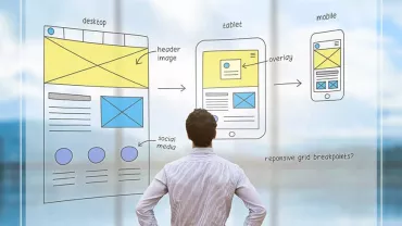 Person viewing a responsive web design sketch with desktop, tablet, and mobile layouts.